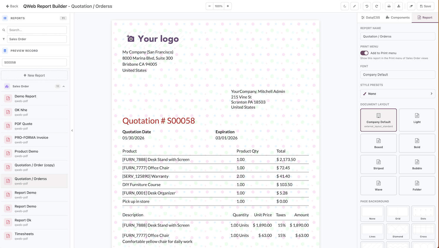 QWeb Builder - Visual editor for PDF/HTML reports